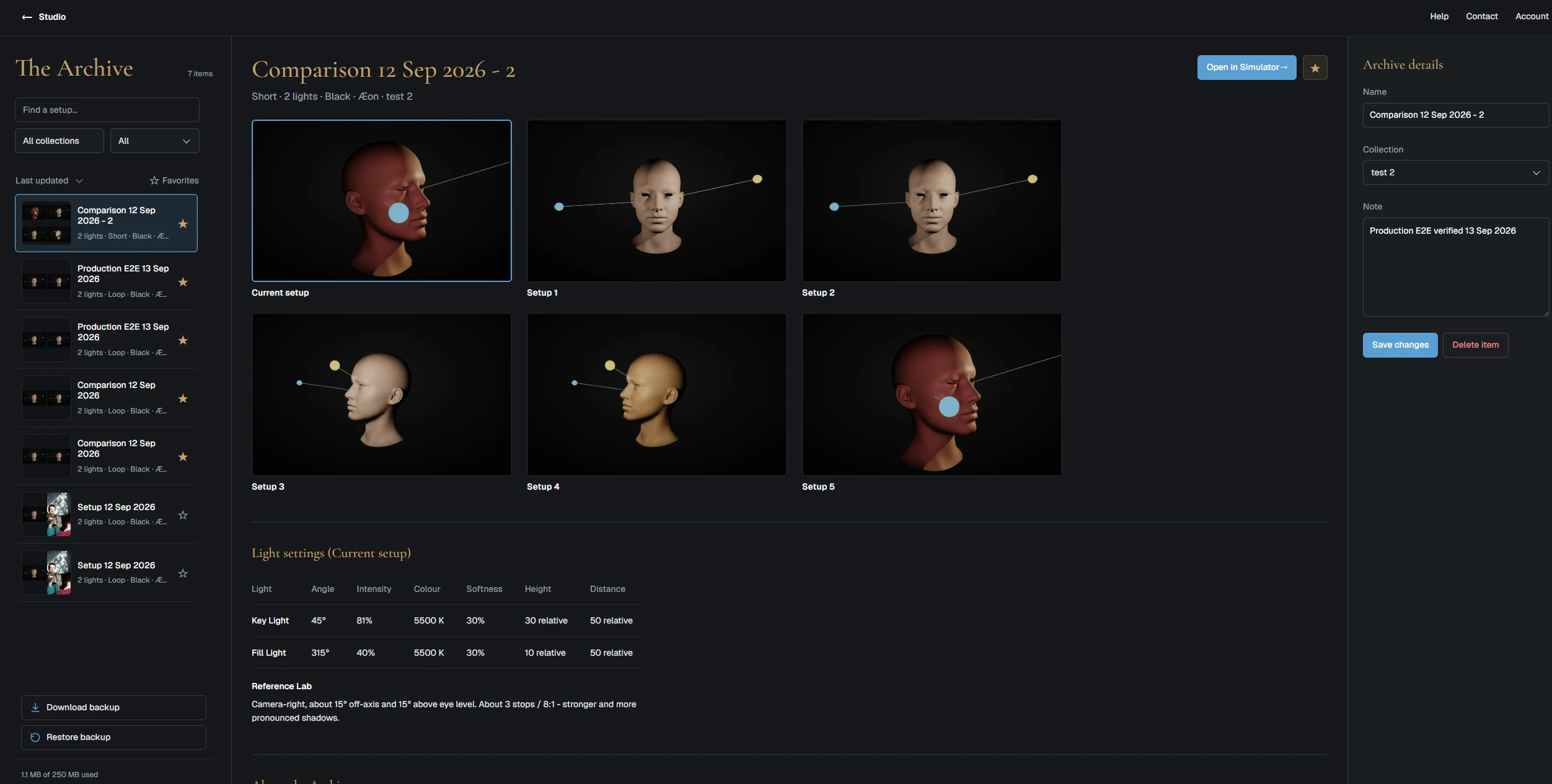 The Archive in Lumen Tool Studio showing saved lighting setup comparisons and details