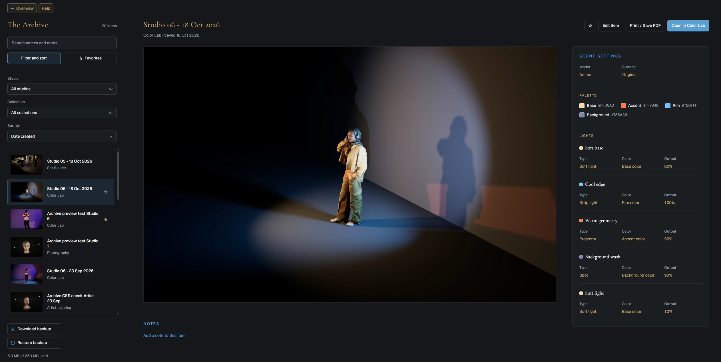 A saved Color Lab setup in the Lumen Tool Archive, with the lighting preview, saved items and scene settings