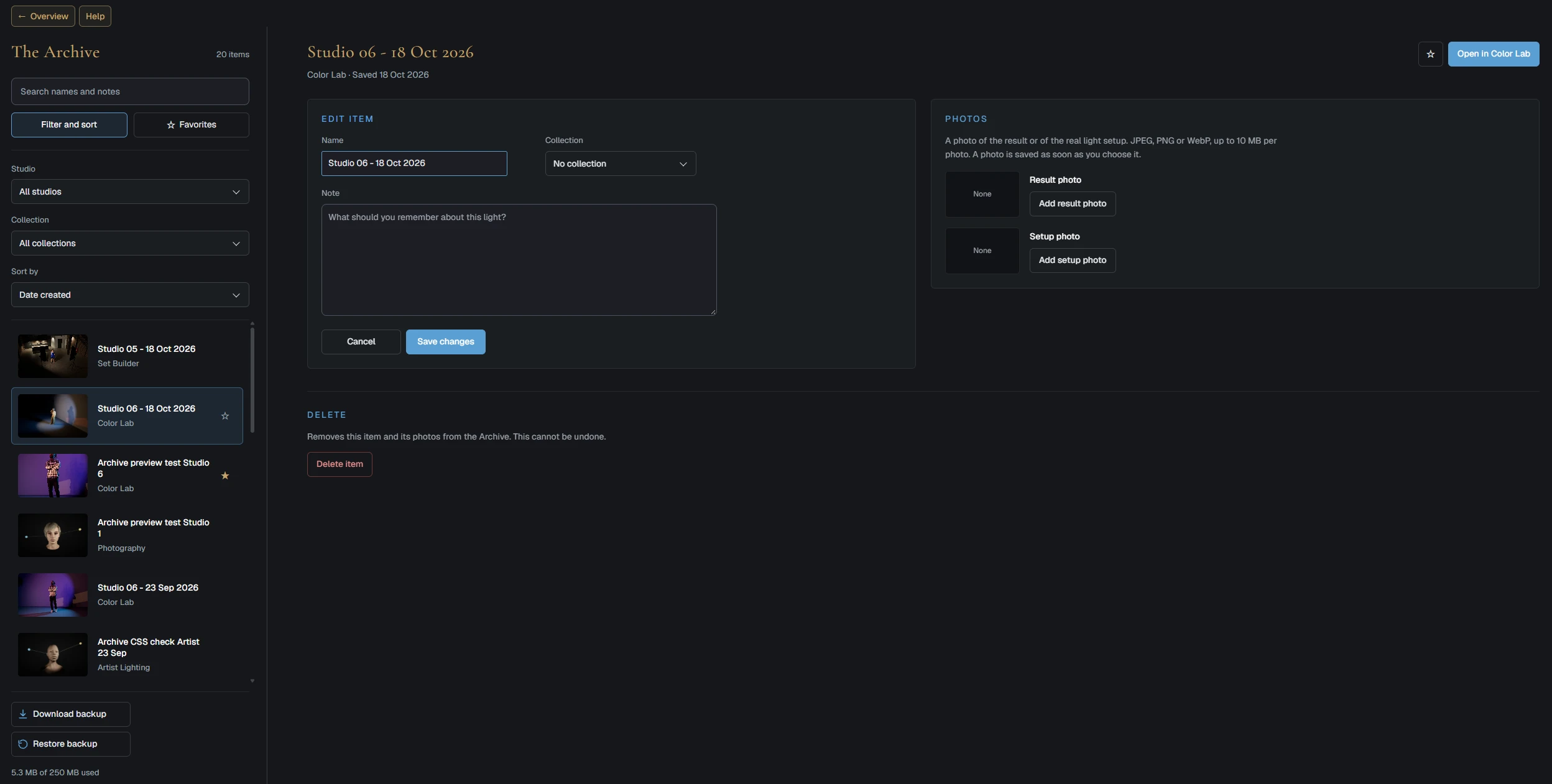 The Lumen Tool Archive edit screen with name, collection, notes and options to add a result photo and a setup photo