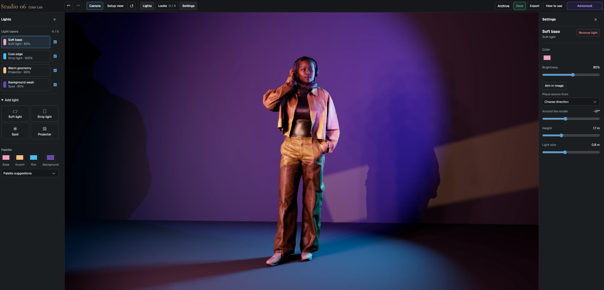 Color Lab in Lumen Tool Studio 6 with pink, blue, warm and purple lights on a 3D model