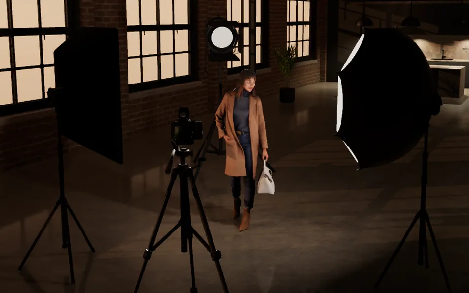 A studio set with a backdrop, a model and a camera in Set Builder