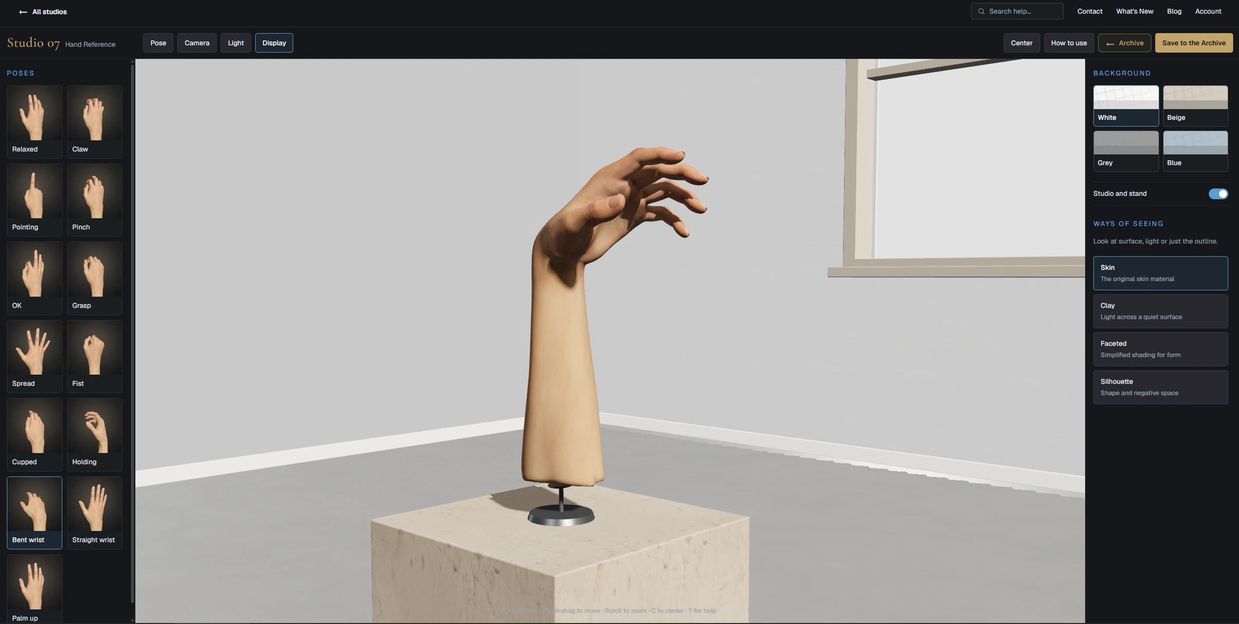 A raised 3D forearm with a bent wrist in Hand Reference Studio, showing background choices and skin, clay, faceted and silhouette views