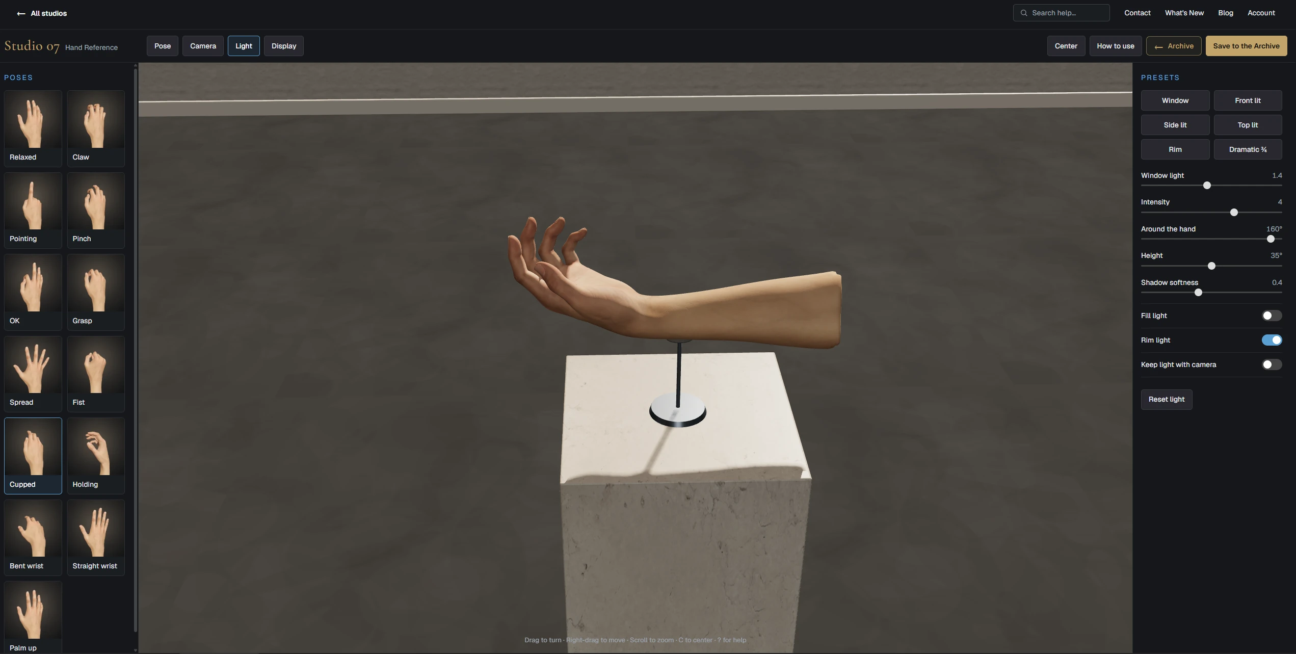 A cupped 3D hand and forearm in Hand Reference Studio with lighting presets, shadow softness and rim light controls