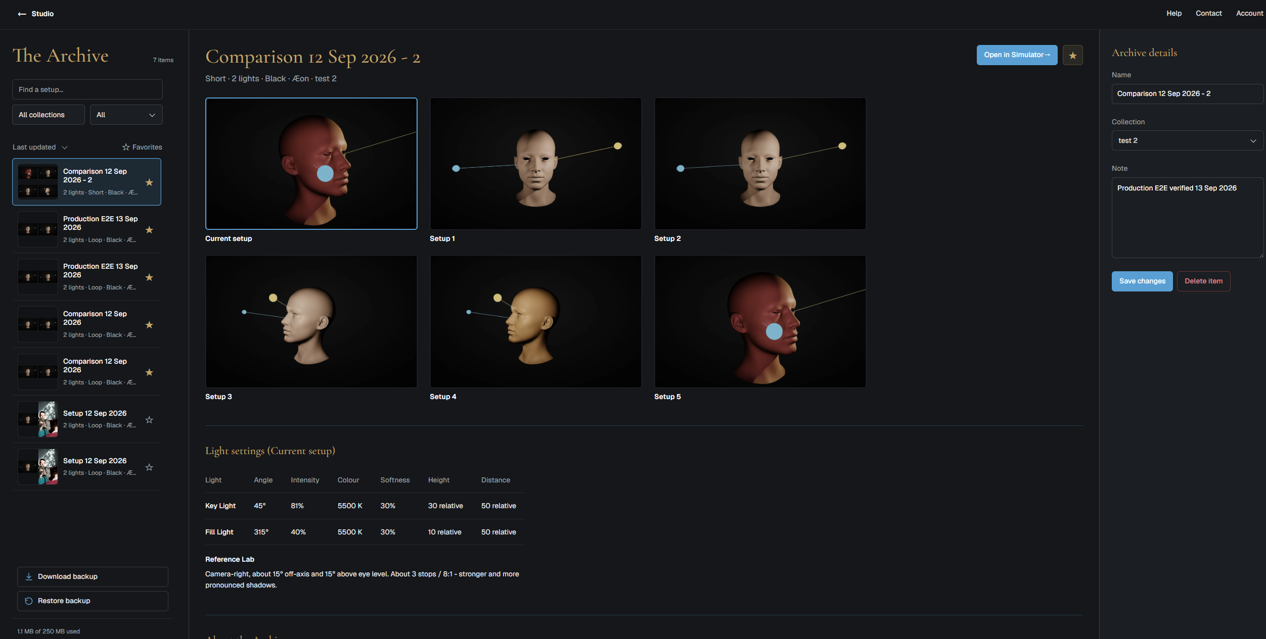 The Archive in Lumen Tool, with saved lighting setups, comparisons and notes