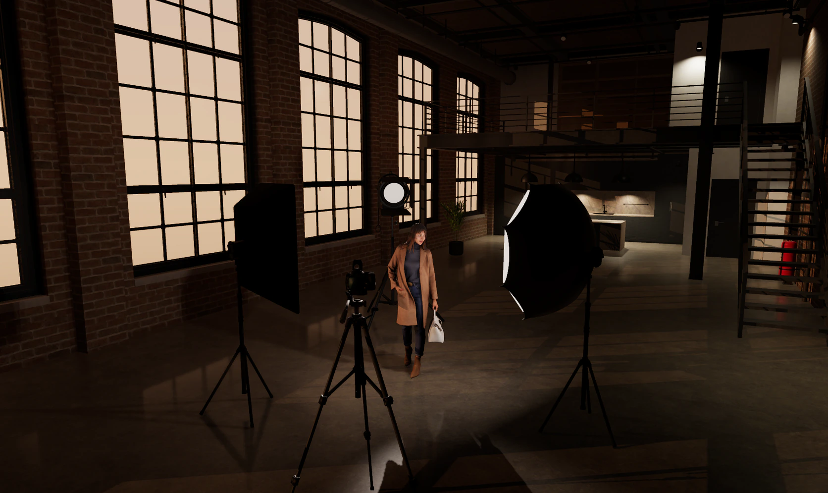 Set Builder: a model in a brick loft with a rectangular and an octagonal softbox, a spot behind her and a photo camera on a tripod, in evening light