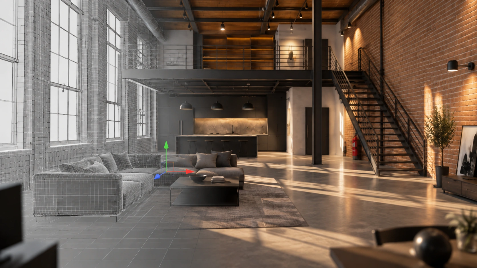 Set Builder concept: an industrial loft shown as a wireframe model on the left and a lit room on the right