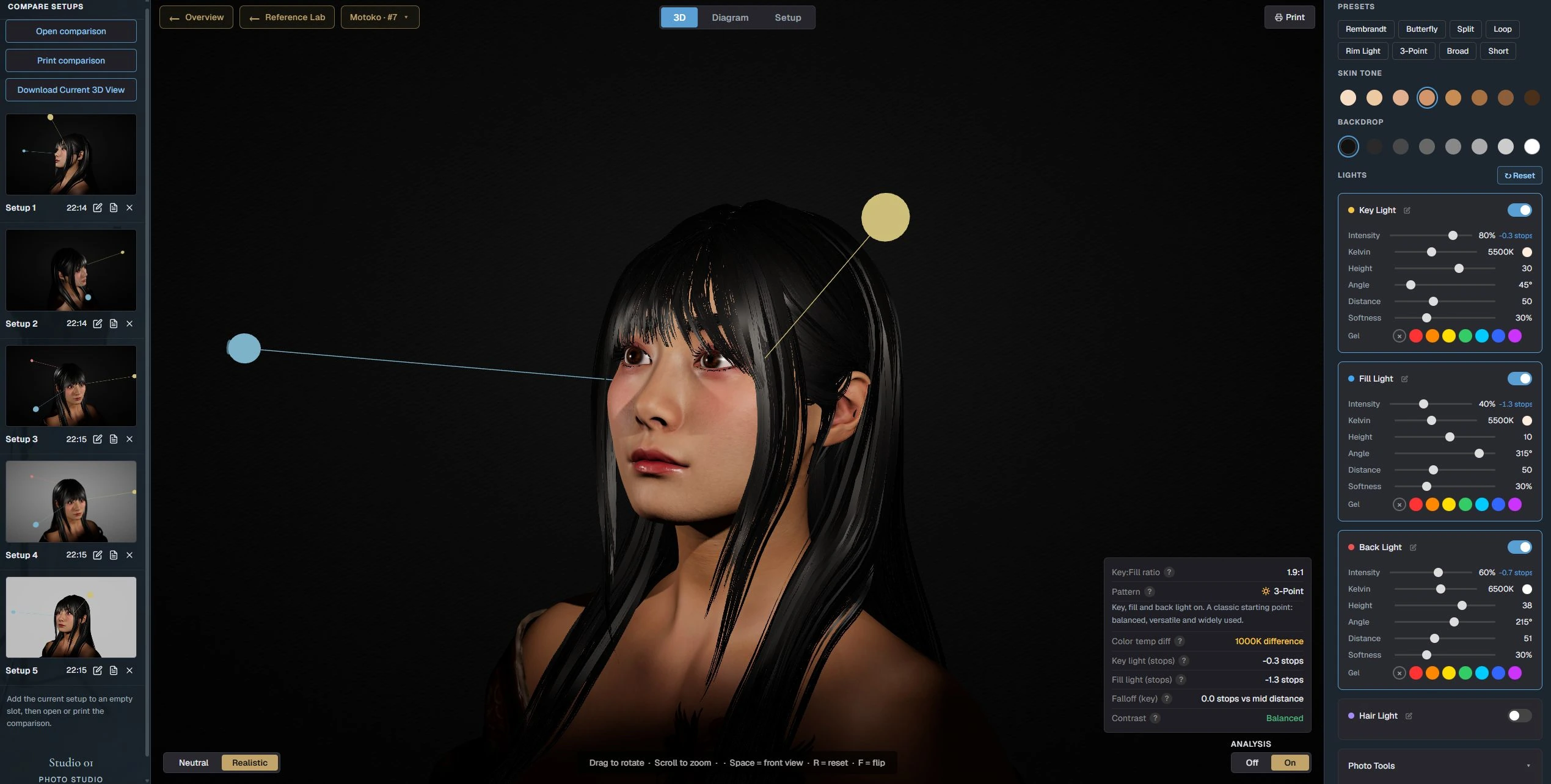 The Lumen Tool workspace, with saved comparisons on the left, a lit portrait in the centre and lighting sliders on the right