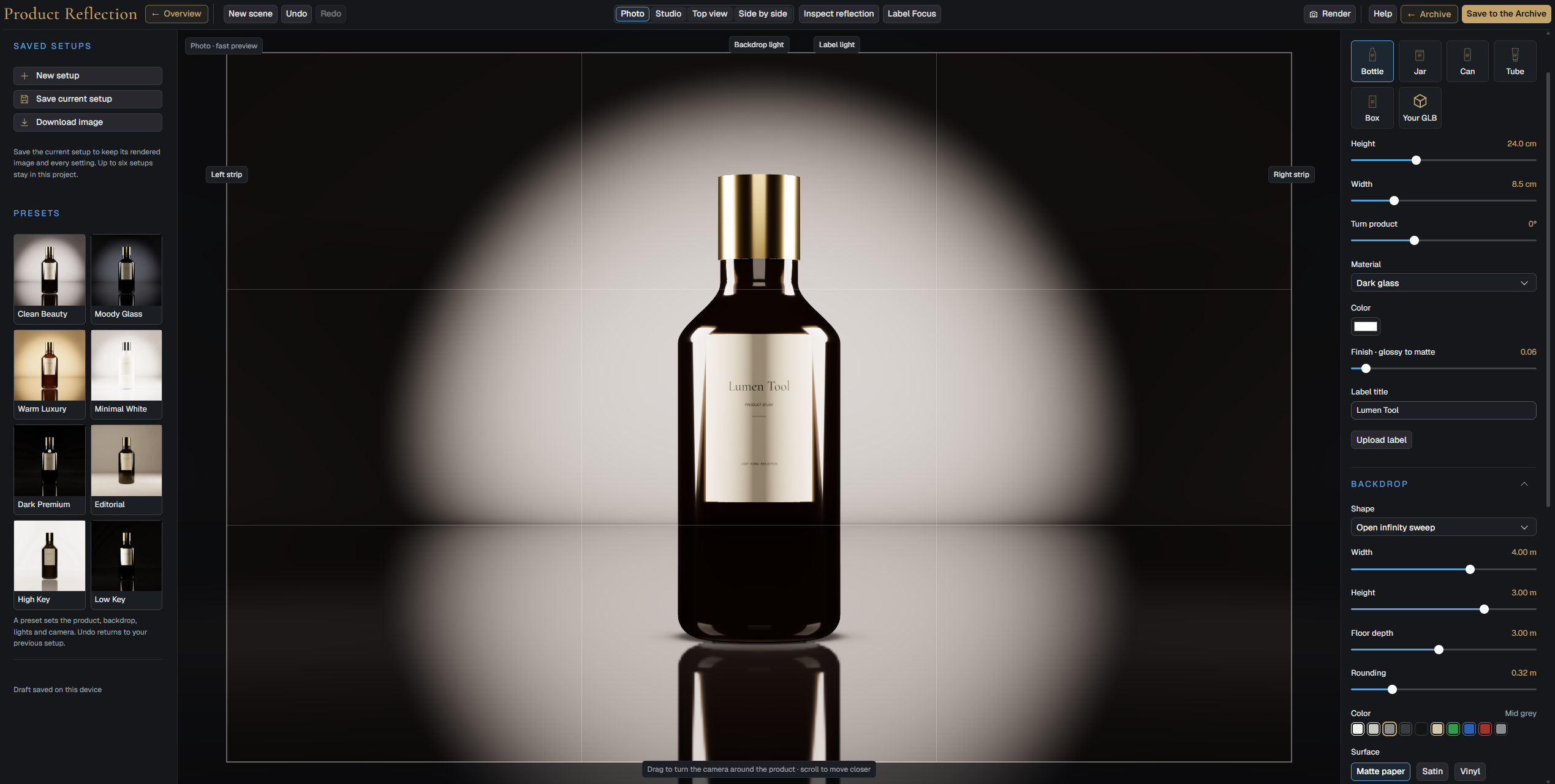An early preview of Lumen Tool Studio 8 Product Reflection, with a dark glass bottle, gold cap, lighting controls and presets