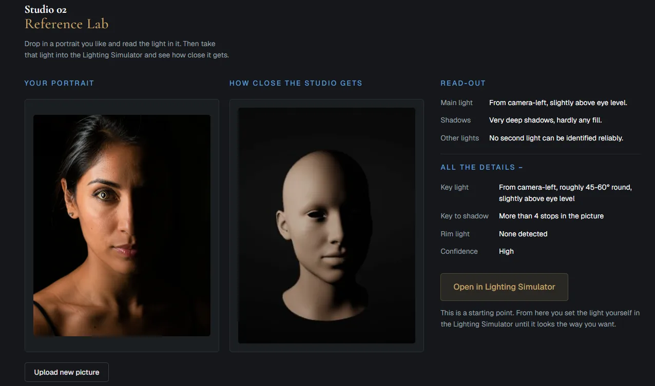Reference Lab comparing a portrait with a recreated lighting setup and analysis read-out