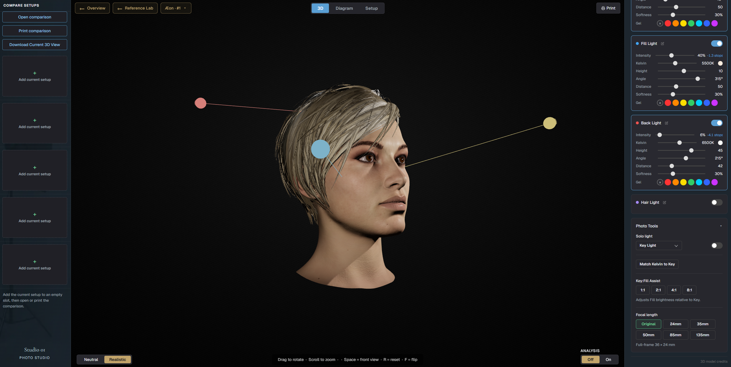 Studio 1 Photo Studio in Lumen Tool, showing portrait lighting controls and Photo Tools