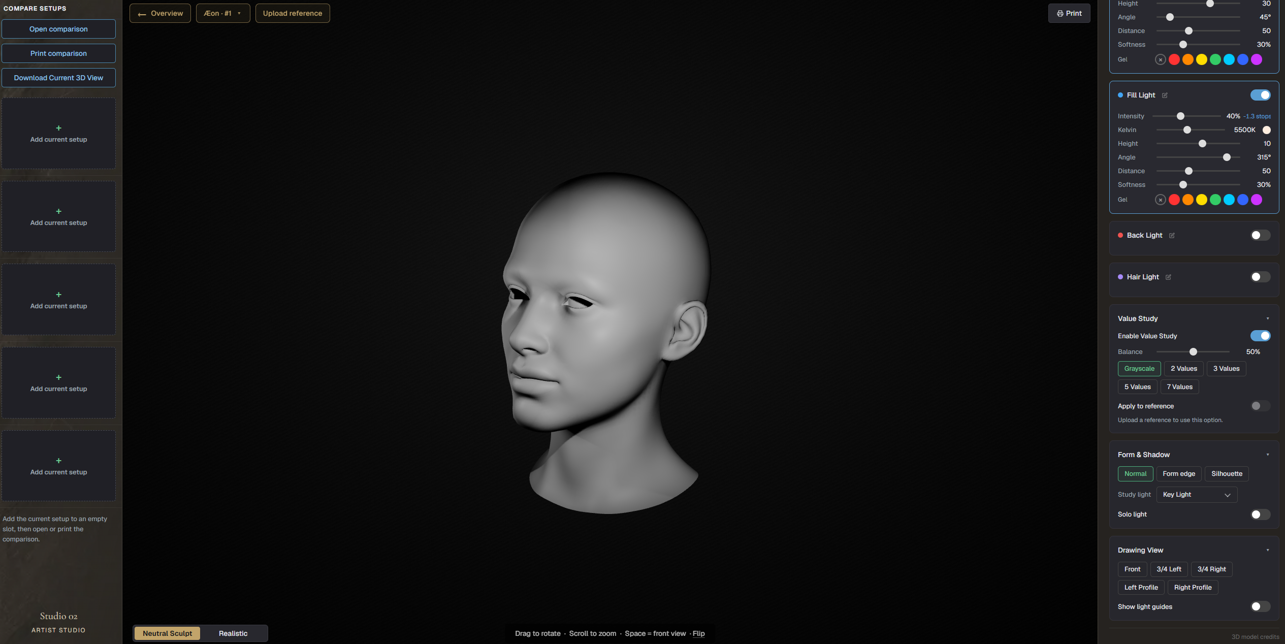 Studio 2 Artist Studio in Lumen Tool, showing Value Study, Form and Shadow controls, and Drawing View tools