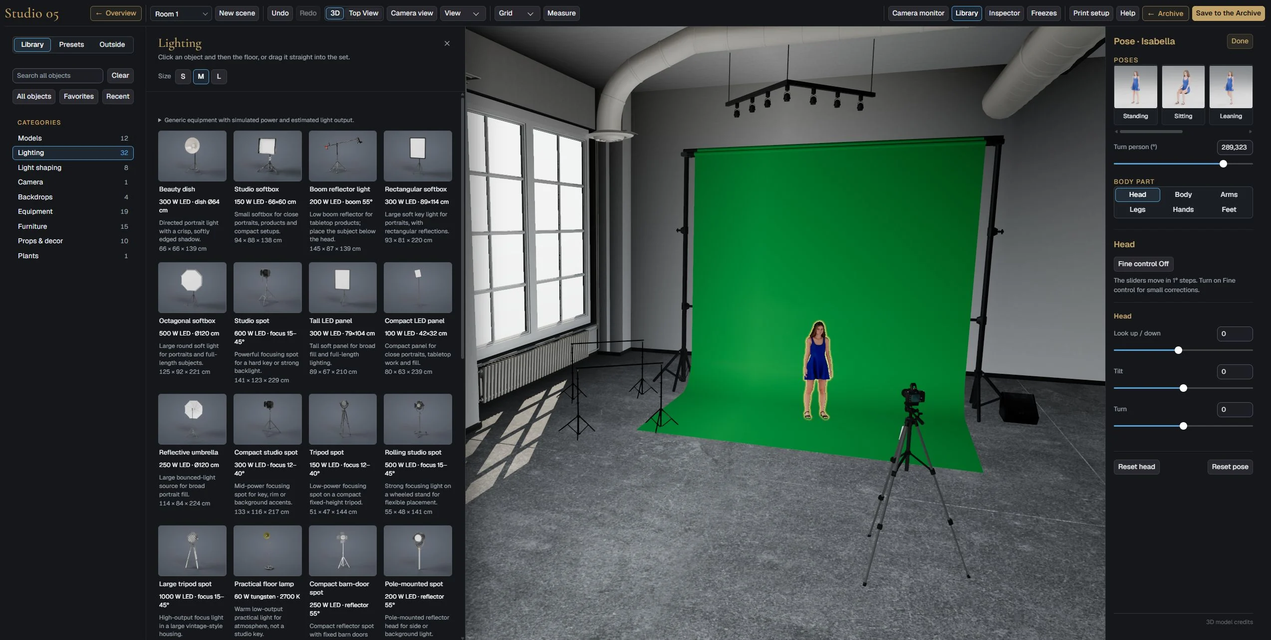 Studio 5 Set Builder with Isabella in front of a green paper backdrop in the white photo studio, with the light library open