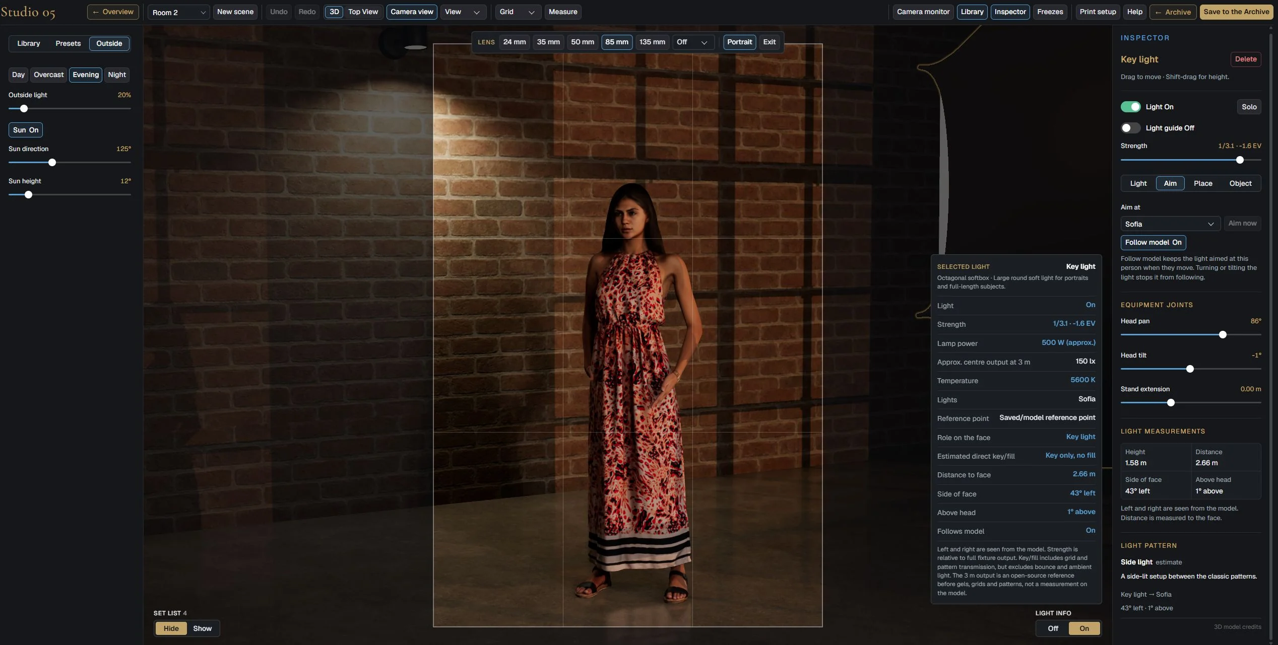Studio 5 camera view of Sofia in a red patterned dress at evening light, with the light information panel open
