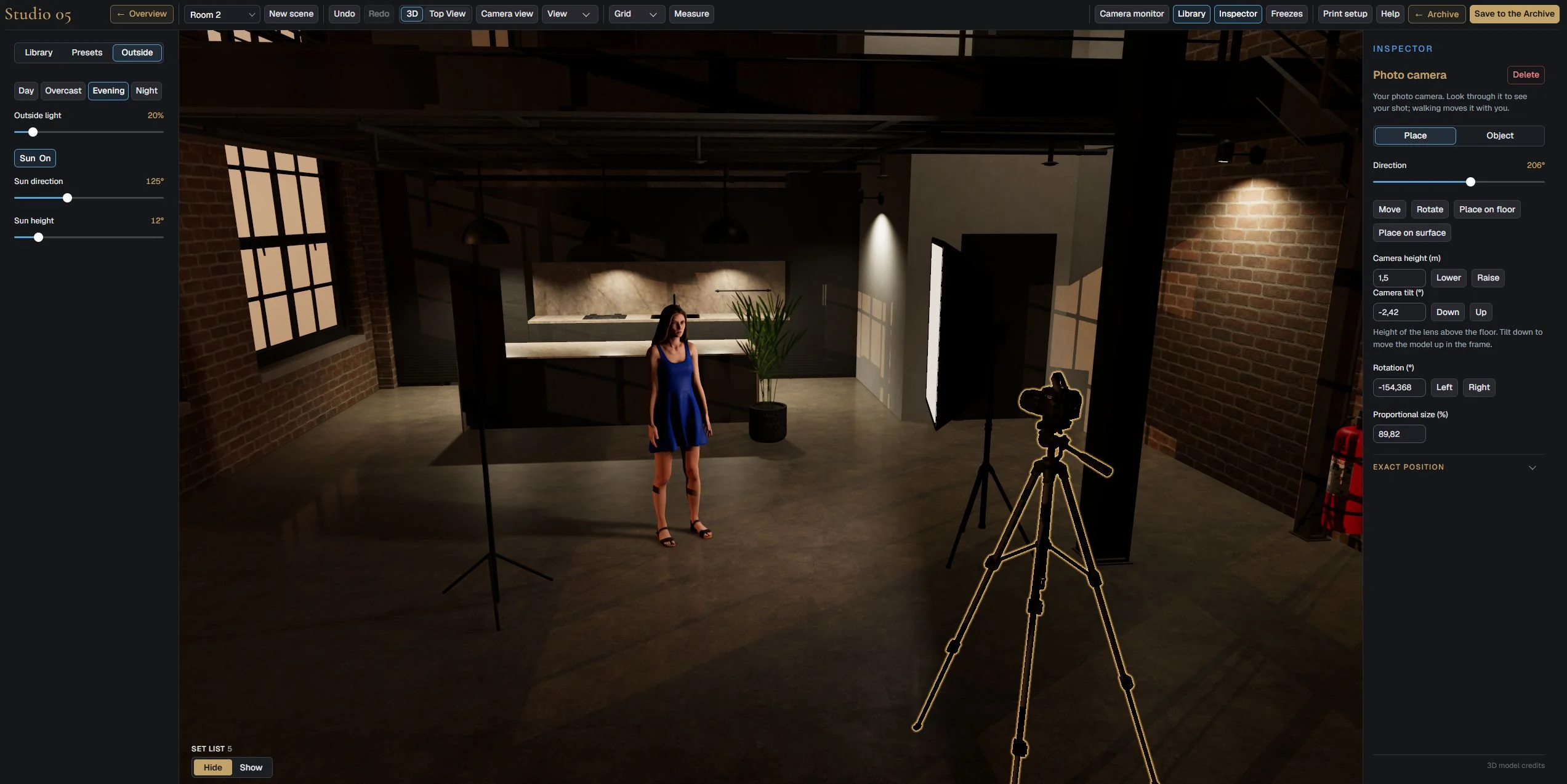 Studio 5 Set Builder with a model in a blue dress, a softbox and a selected photo camera in the loft at evening light
