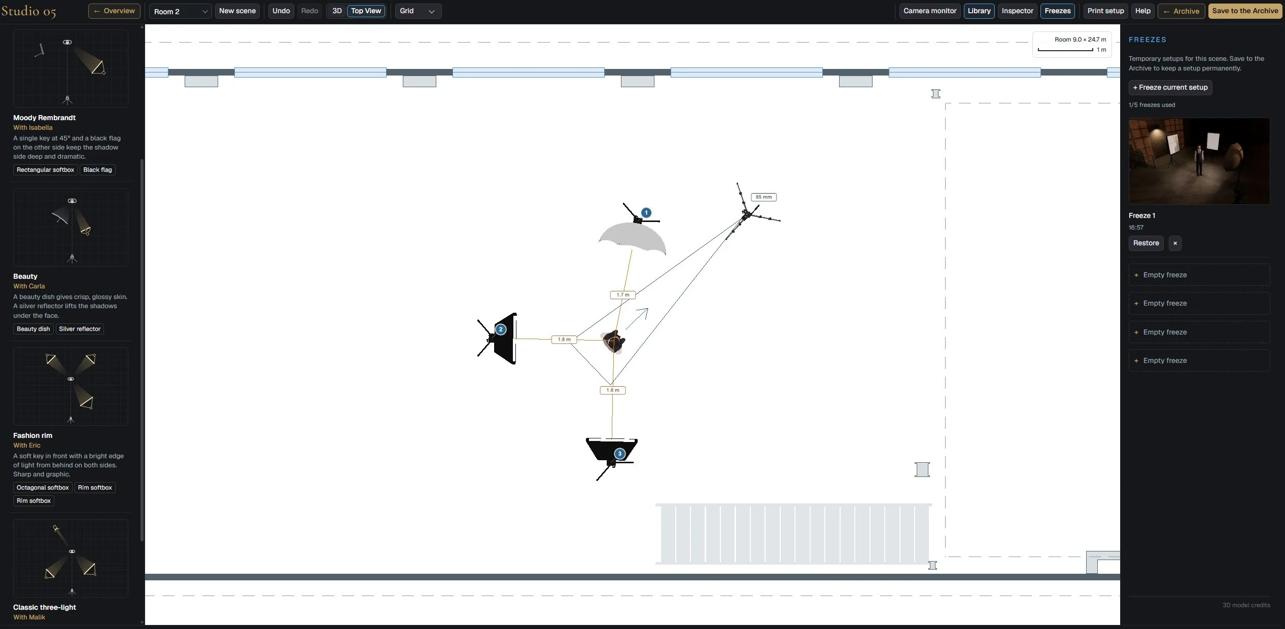 Studio 5 top view lighting plan with three lights, distances to the model and a saved freeze of the setup